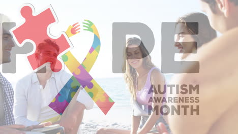 Animation of colourful puzzle pieces ribbon and autism text over happy friends at summer beach party