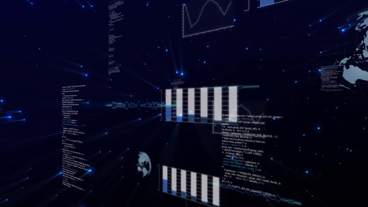 Light streaks shooting past viewer, data panels fading bar chart emerging shifting showing trends