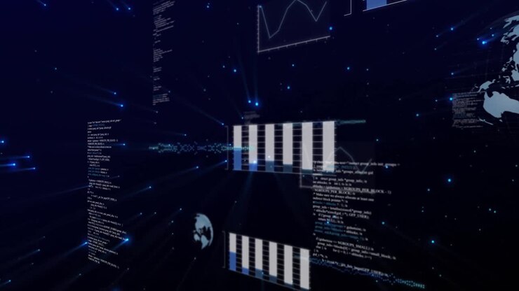 Light streaks shooting past viewer, data panels fading bar chart emerging shifting showing trends