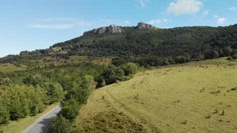 Aerial-wide-pan-shot-of-green-valley,-forest-and-high-cliffs