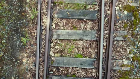 vista de drones hacia abajo moviéndose a lo largo de vías de tren abandonadas