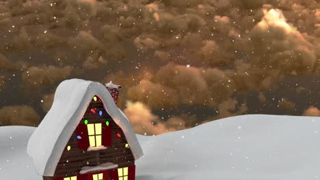 Animation-Von-Schnee,-Der-über-Das-Haus-Fällt,-Mit-Lichterketten-Und-Winterlandschaft