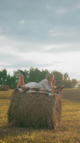 mujer acostada en una bala de heno con una manta a cuadros, leyendo un libro y volviendo a una nueva página bajo la brillante luz del sol en un campo abierto sereno, disfrutando de un tiempo pacífico al aire libre