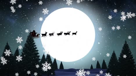 Animation-of-santa-claus-in-sleigh-with-reindeer-over-moon