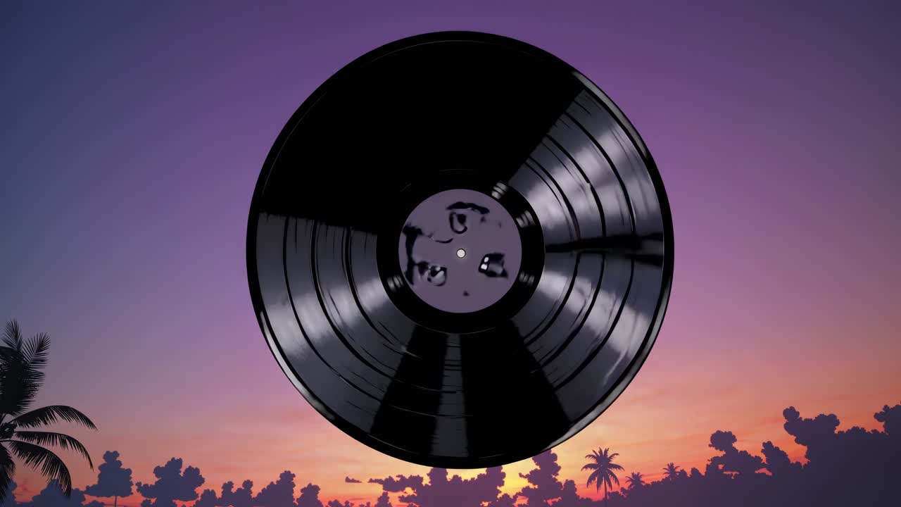 Flyfoto av en vinylplate mot en levende solnedgangshimmel, som blander retro og moderne estetikk