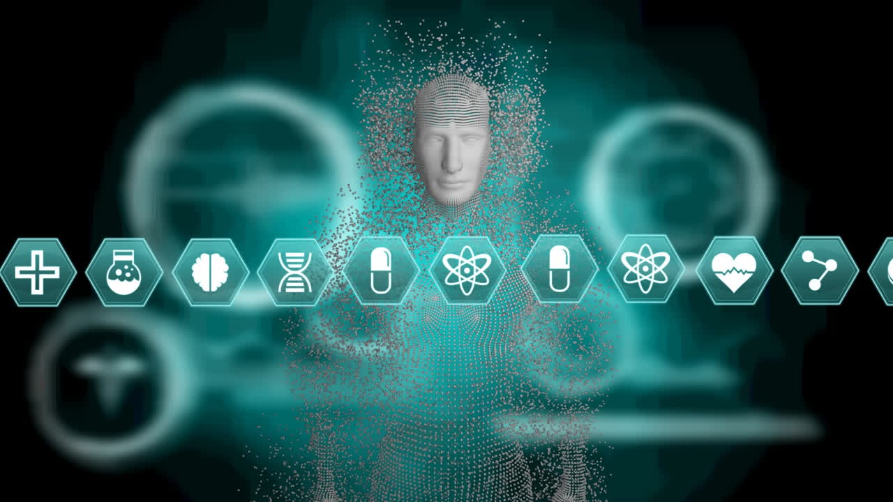 녹색 배경에 대한 인체 모델 위에 여러 의료 아이콘의 디지털 애니메이션