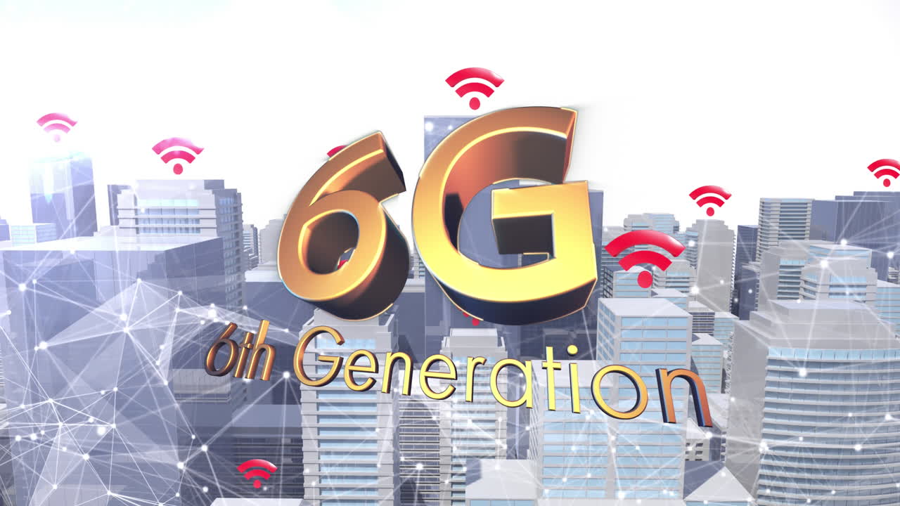 와이파이 아이콘의 애니메이션과 도시 위의 6g 텍스트