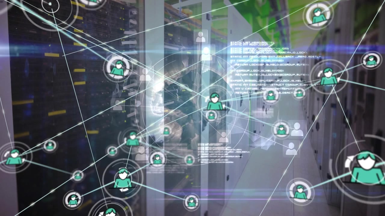 Animation of network of connections with icons and data processing over server room