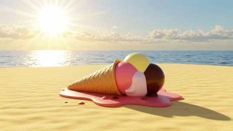 an ice cream cone gradually melts away on a sandy beach as the sun sets, casting beautiful colors across the sky