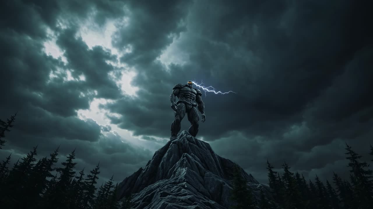 Gigantic mythical creature towering on a mountain peak, summoning a fierce storm and crackling lightning in a dramatic fantasy digital painting, evoking power and mystery