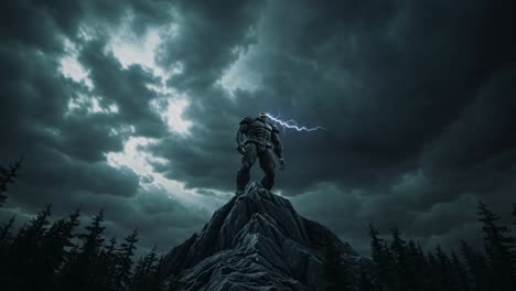 gigantic mythical creature towering on a mountain peak, summoning a fierce storm and crackling lightning in a dramatic fantasy digital painting, evoking power and mystery