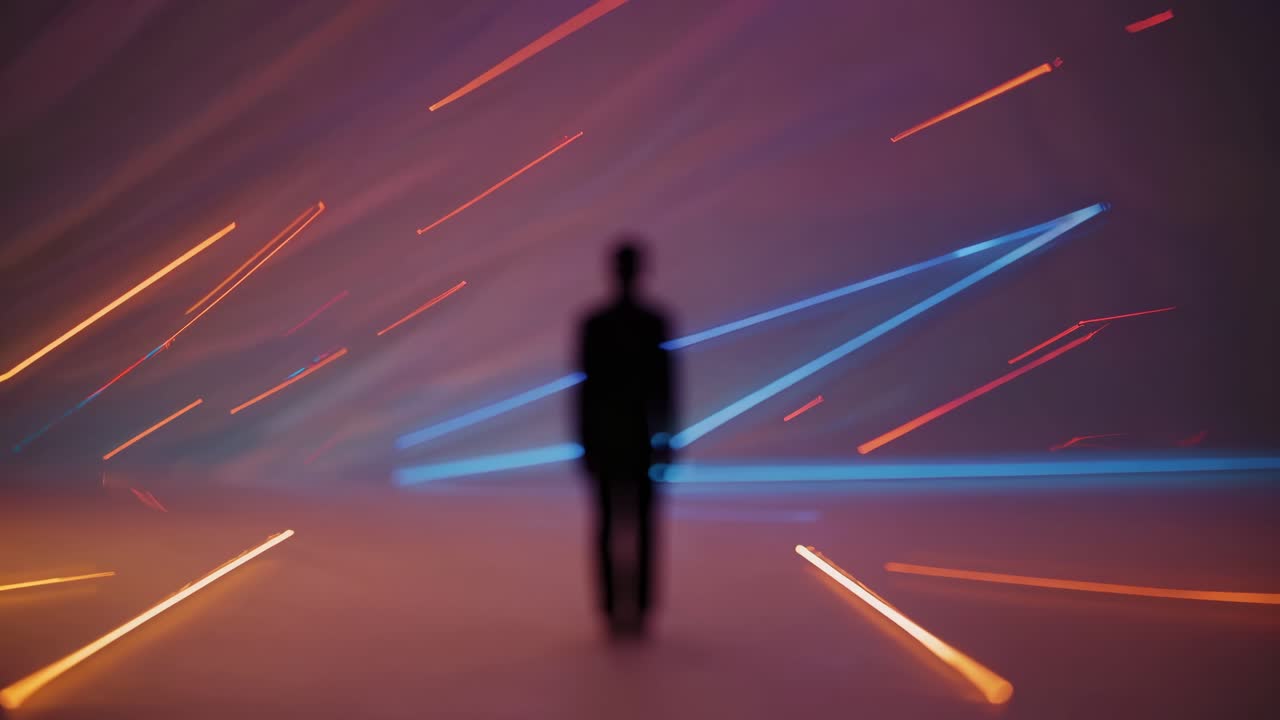 Silhouette of a man meditating in ethereal light with colorful streaks representing energy and focus, creating a futuristic and spiritual atmosphere