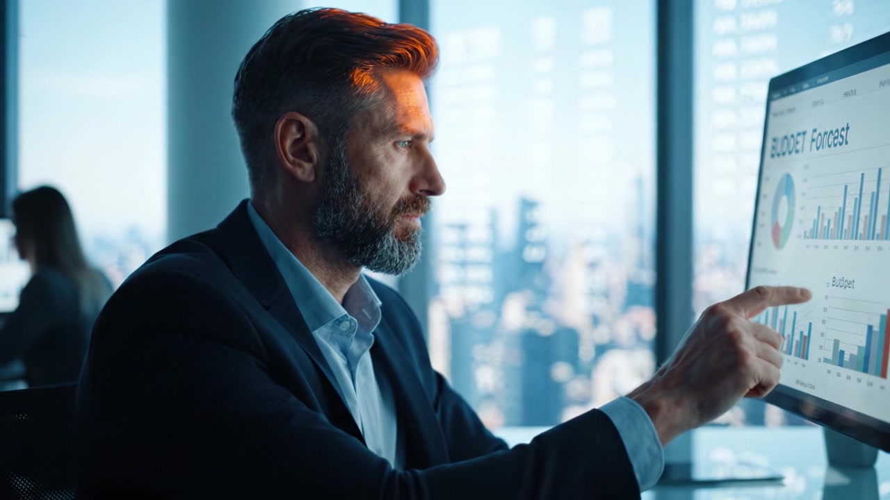 Professionista d'affari concentrato che analizza dati di previsione del budget su uno schermo di computer in un ambiente d'ufficio moderno con vista sulla città sullo sfondo