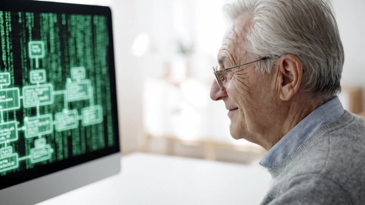 Elderly Man Engaged in Programming and Analyzing Complex Code on a Modern Computer Display with Green Matrix-Like Text in a Comfortable Home Environment