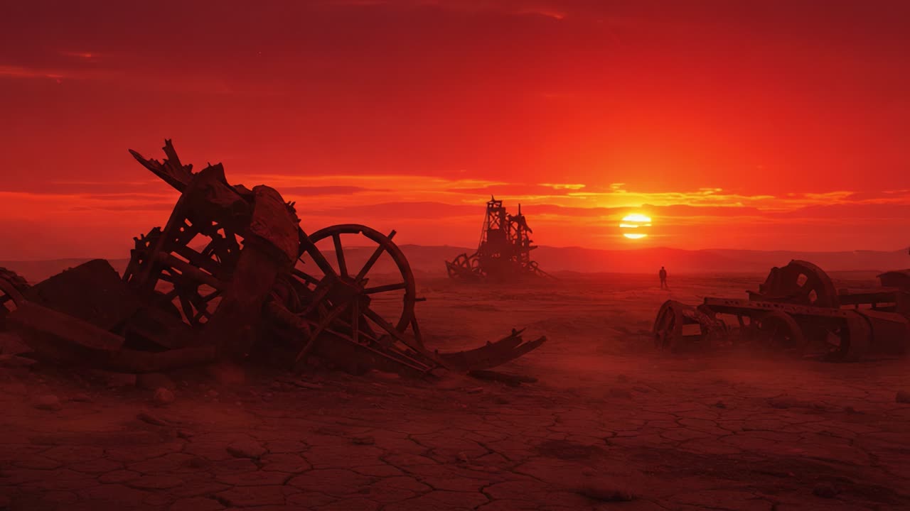 Desolate Landscape at Dusk: A Haunting Scene of Rusting Machinery and a Fiery Sunset Over an Arid Wasteland