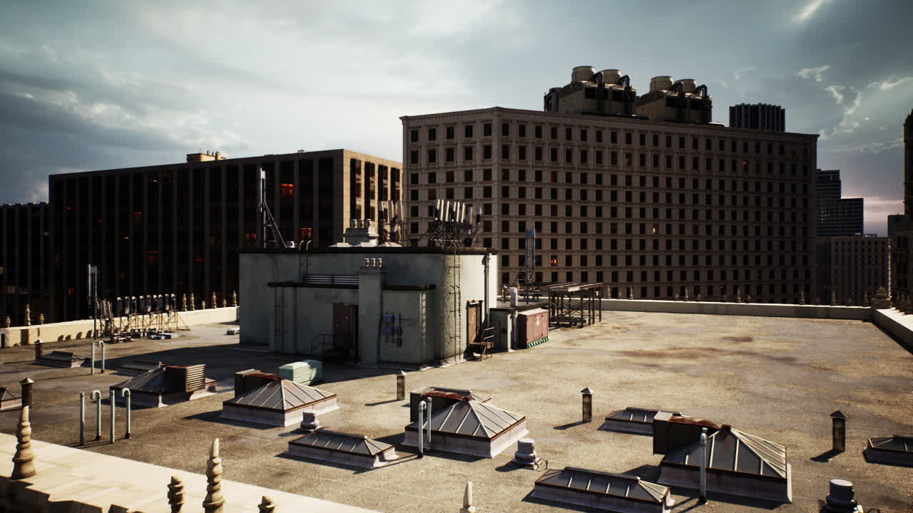 View from a rooftop in an urban setting showing buildings and equipment