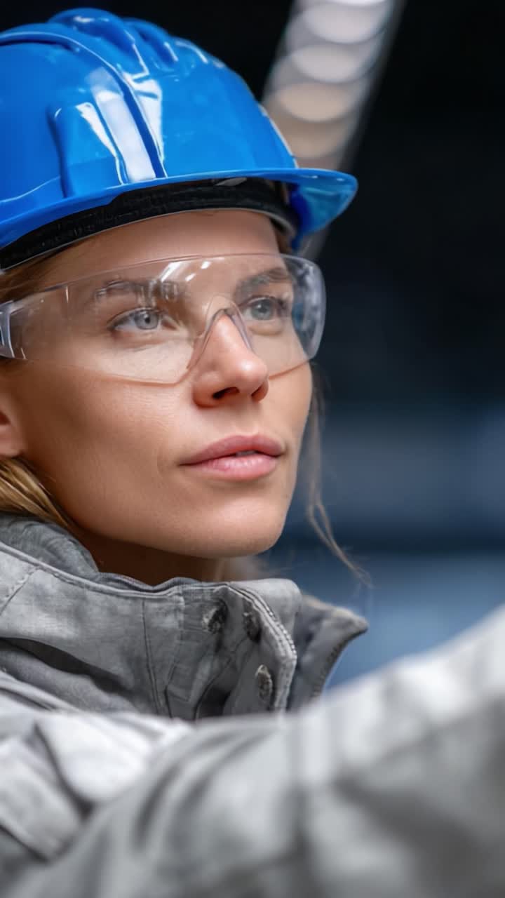 Trabajadora concentrada con equipo de seguridad examinando equipos con precisión y determinación, mostrando compromiso con los estándares de seguridad y el entorno de trabajo industrial