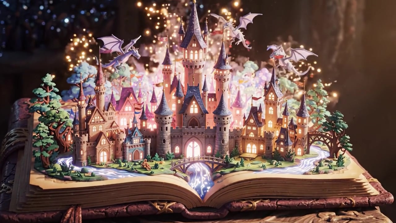 Libro di fiabe incantevole che rivela un castello magico: un viaggio attraverso la fantasia e l'immaginazione con illustrazioni vivaci e dettagli affascinanti.