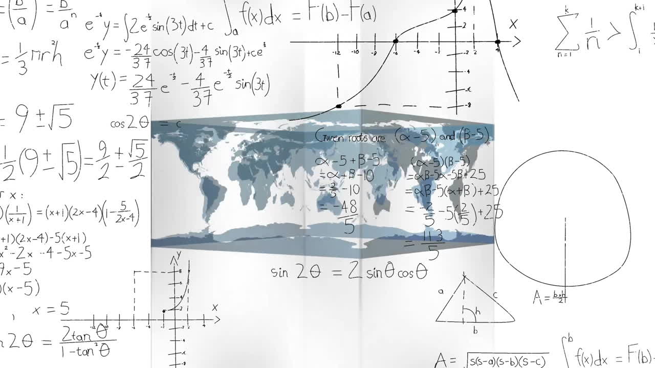색 배경에 있는 세계 지도 위의 수학적 데이터 처리의 애니메이션