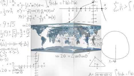 animation of mathematical data processing over world map on white background