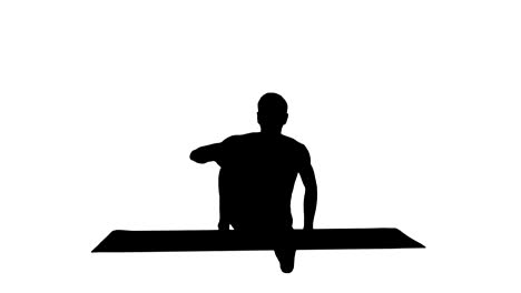 silueta de hombre sentado en postura de yoga marichyasana estirando las piernas y el ejercicio de la columna vertebral