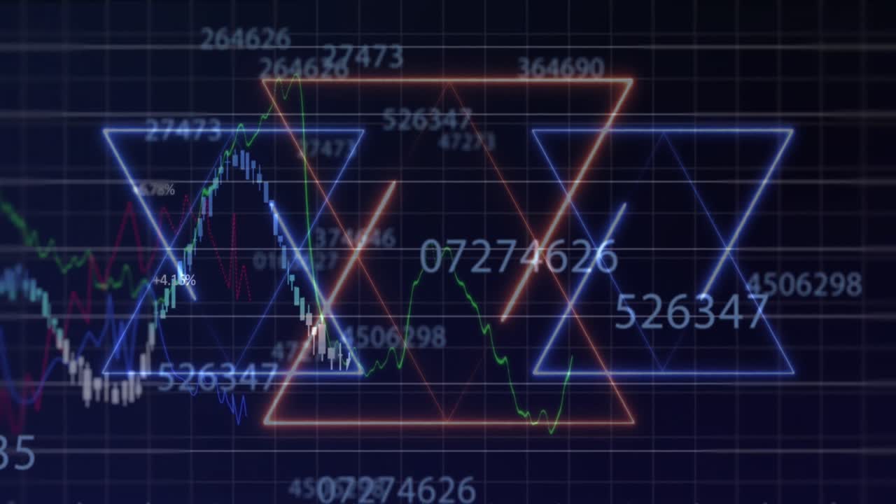 Animation of abstract neon shapes and multiple changing numbers over financial data processing