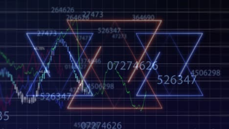 Animación-De-Formas-Abstractas-De-Neón-Y-Múltiples-Números-Cambiantes-Durante-El-Procesamiento-De-Datos-Financieros.