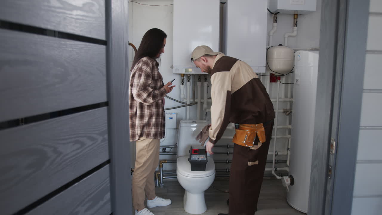 Woman Showing Broken Toilet to Plumber