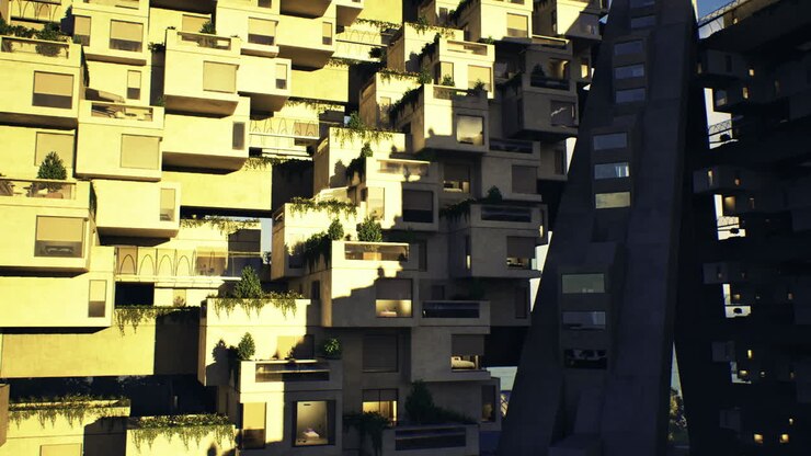 Elementi ripetitivi e superfici texturizzate sull'esterno di un edificio illuminato dal sole.