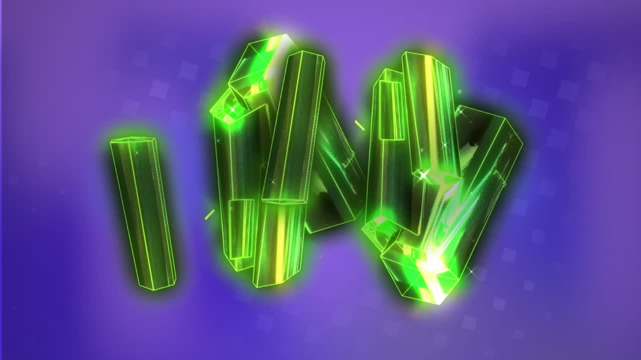 Animation of green crystals over shapes on blue background