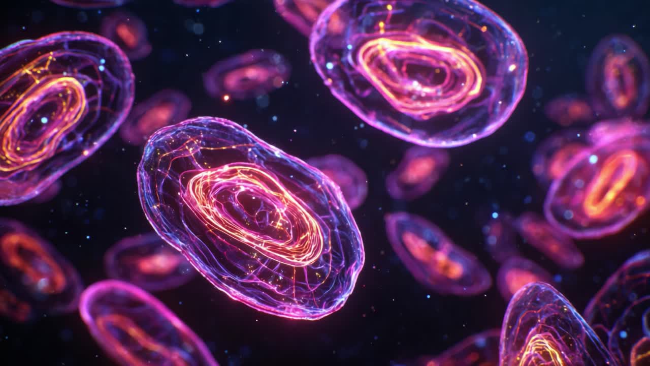 Una straordinaria esplorazione visiva di cellule bioluminescenti che fluttuano in un ambiente cosmico oscuro, che mette in mostra le loro strutture intricate e i colori vivaci