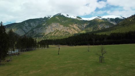 Vuelo-Aéreo-De-Drones-Sobre-Un-Campo-Verde-En-Un-Pintoresco-Valle-Montañoso-A-Lo-Largo-De-Un-Río-Con-Agua-Azul-Fresca-En-Los-Alpes-Austriacos-Bávaros-En-Un-Día-Nublado-A-Lo-Largo-De-árboles,-Rocas,-Bosques-Y-Colinas