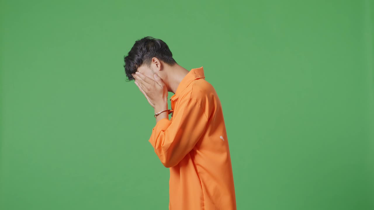 얼굴을 는 오렌지색 정복을 입은 남자