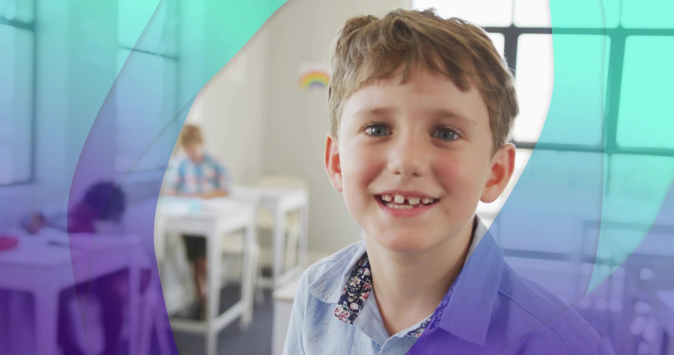 Boy turning to camera while purple teal overlay sliding and zooming, leaning, smiling for education