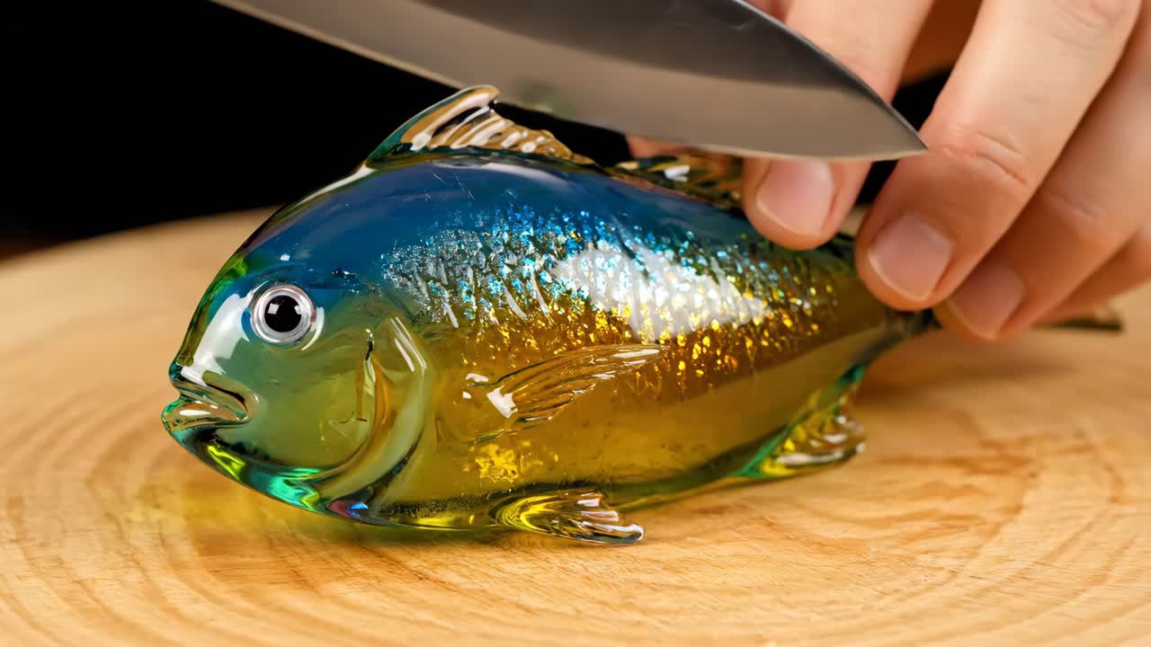 Cutting a Glass Fish Sculpture