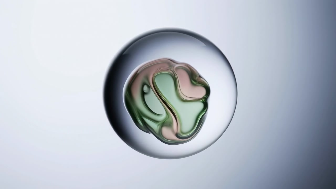 Glossy rounded orb remains isolated in frame while translucent inner shapes shift from compact curves into broader flowing contours, lit softly against a smooth white-to-gray backdrop.
