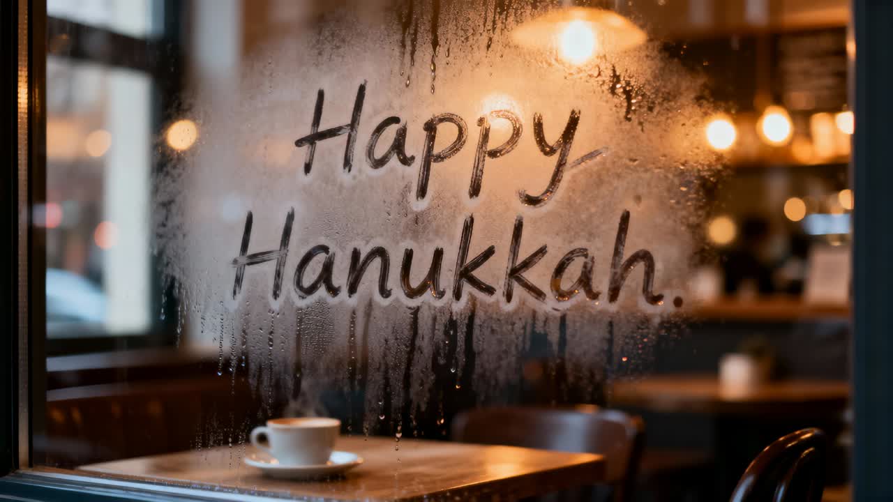Showing Happy Hanukkah on cafe window, fog forming and letters softening, cup and saucer nearby