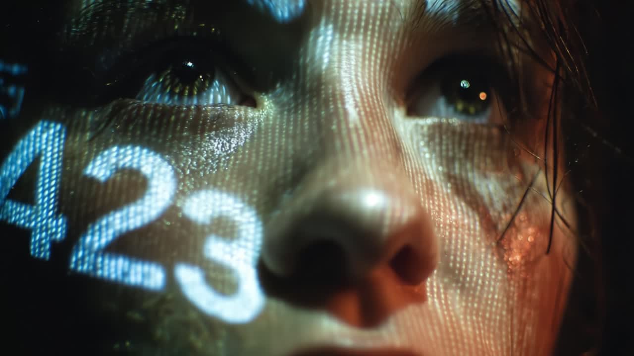 A Close-Up Exploration of Emotion and Technology: A Facial Portrait Captured in Two States, Highlighting the Intricate Blend of Human Expression with Digital Projections of Numbers and Data