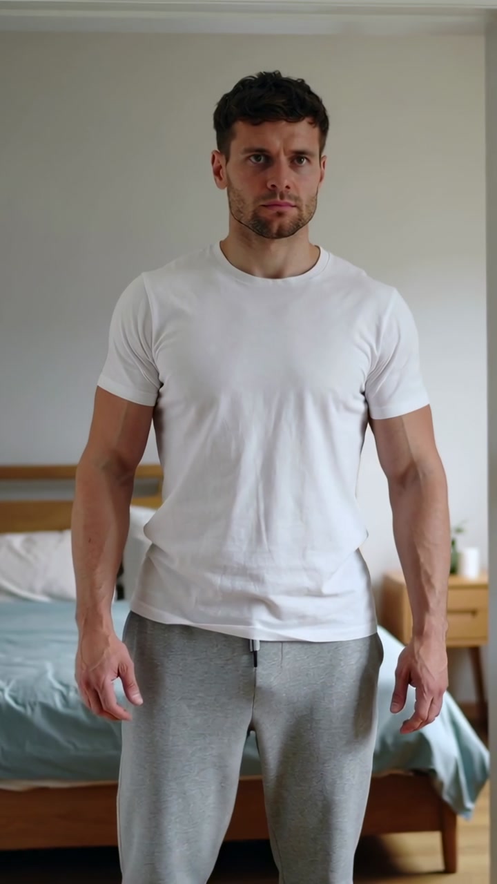 Vertical video: Reacting to camera crop, man stepping forward and turning gaze in bedroom with bed