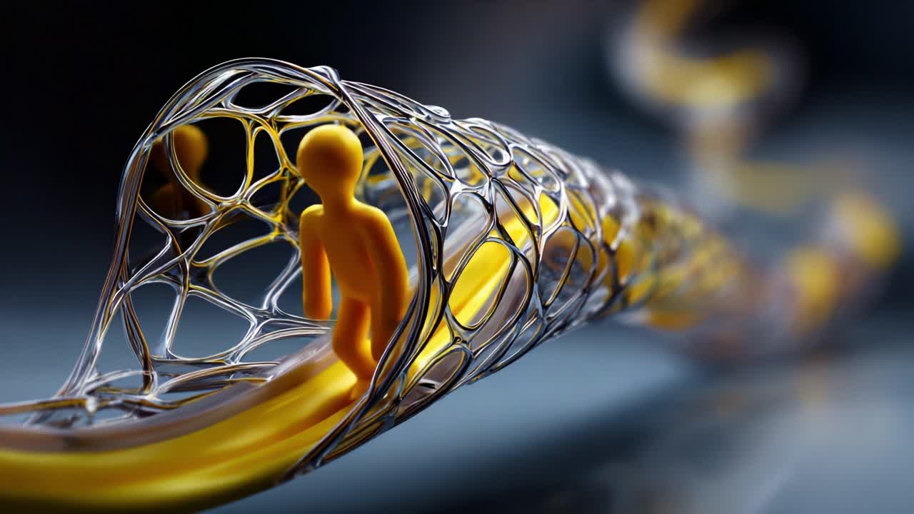 An intricate representation of a 3D structure showcasing a yellow figure navigating through a network of intertwined metallic and organic textures, illustrating dynamic movement and exploration