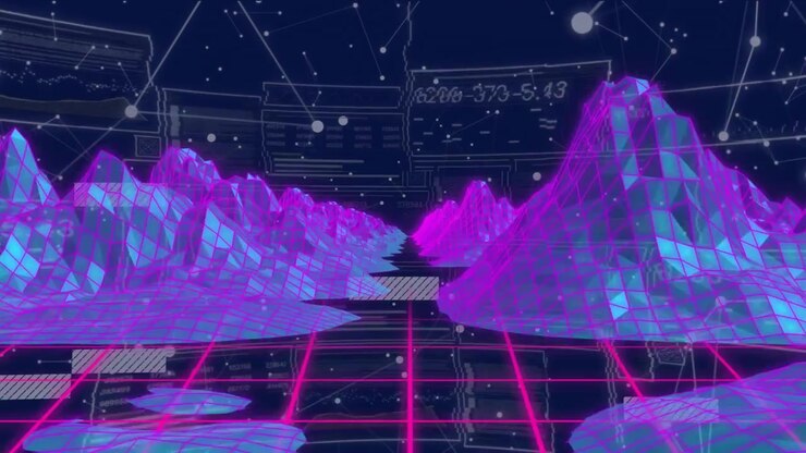 Retro-futuristic Digital Landscape with Wireframe Mountains and Data Overlay