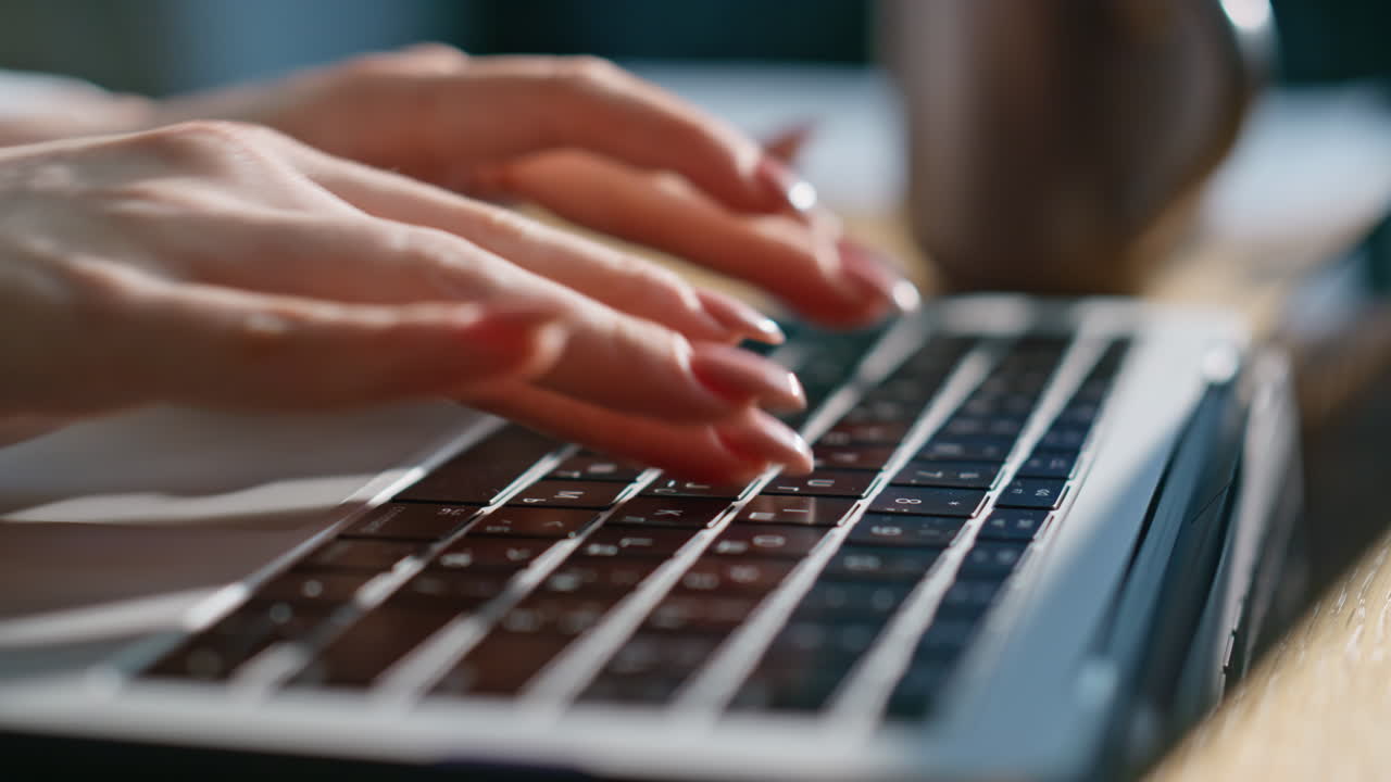 Gentle hands typing keyboard laptop at office closeup. Unrecognizable freelancer