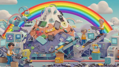 a vibrant scene of recycling efforts with animated characters working together to reduce electronic waste amid fun backgrounds and colorful rainbows