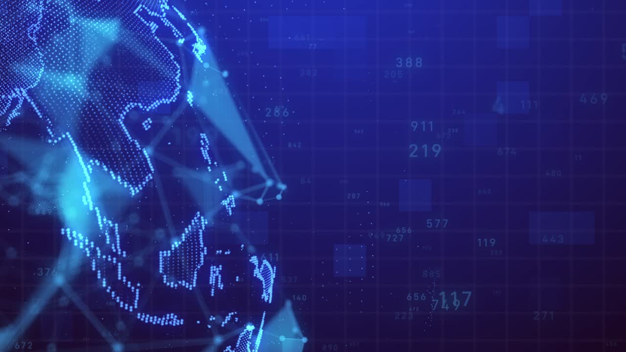 지구 회전 애니메이션: 플렉서스 네트워크와 코드와 함께 미래 기술 비즈니스 개념