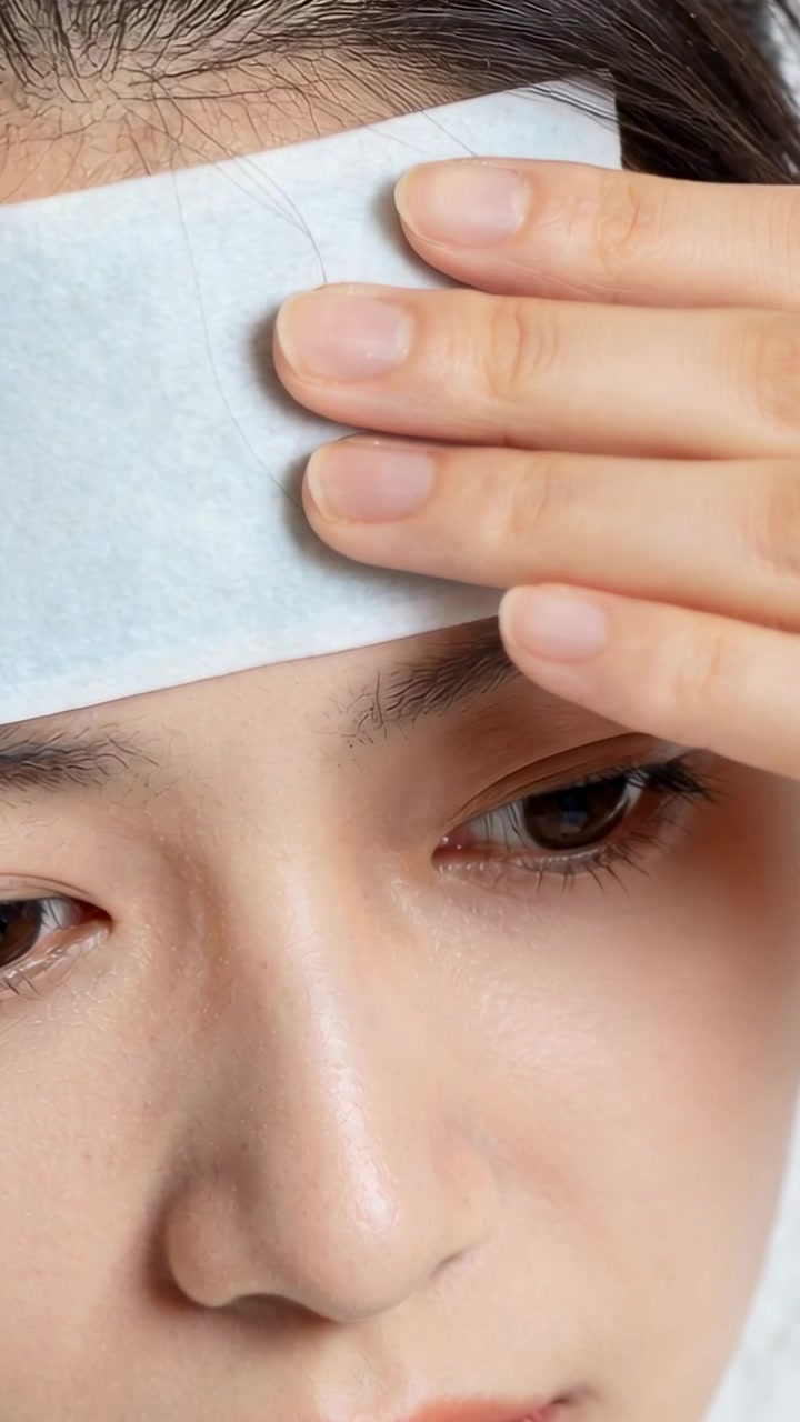 Vertical video: Bringing forehead strip, woman applying and smoothing patch at vanity to absorb oil