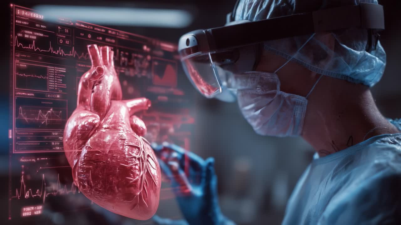 A Revolutionary Leap in Medical Technology: A Medical Professional Utilizes Augmented Reality to Analyze and Interact with a Detailed 3D Model of the Human Heart During a Cutting-edge Procedure