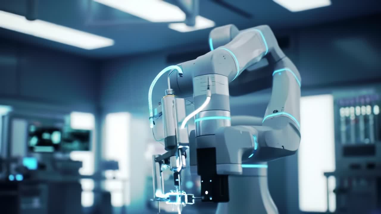 This robotic arm is showcasing its capabilities in a technology lab, performing intricate tasks with high accuracy. The clean environment emphasizes innovation and advanced engineering.