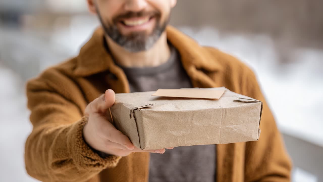 Friendly Delivery: A Cheerful Individual Presents a Brown Package with Care, Showcasing the Personal Touch in the Art of Gift or Package Delivery