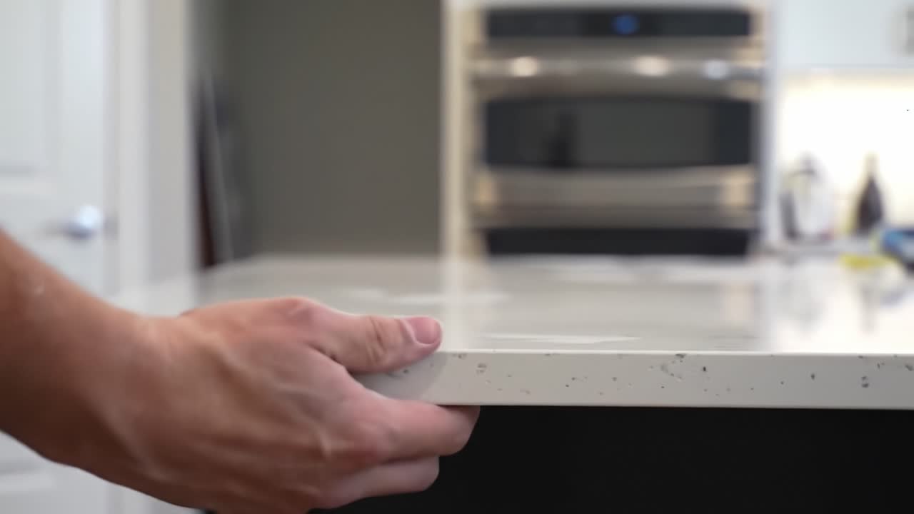 A skilled individual is seen installing a sleek, white countertop in a contemporary kitchen. The focus is on the technique used for a perfect fit.