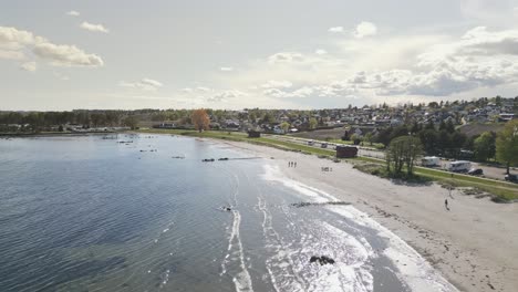 drone view of ringshaugstranda beach on a sunny day, located near tønsberg in norway.